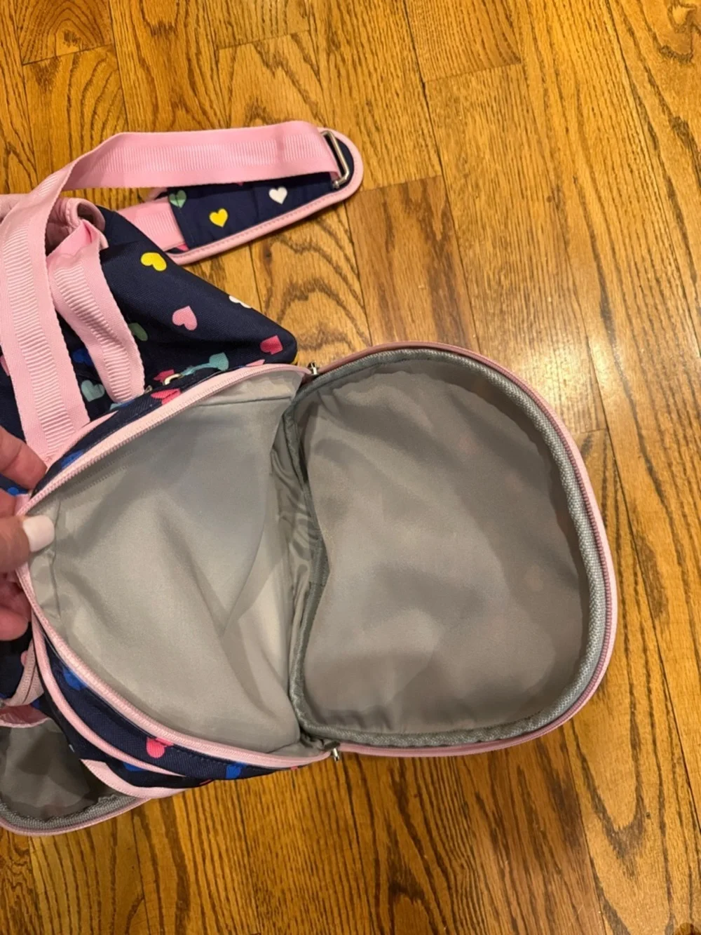 Pottery Barn Kids Mackenzie Navy and multicolored Hearts Sports Duffle Bag